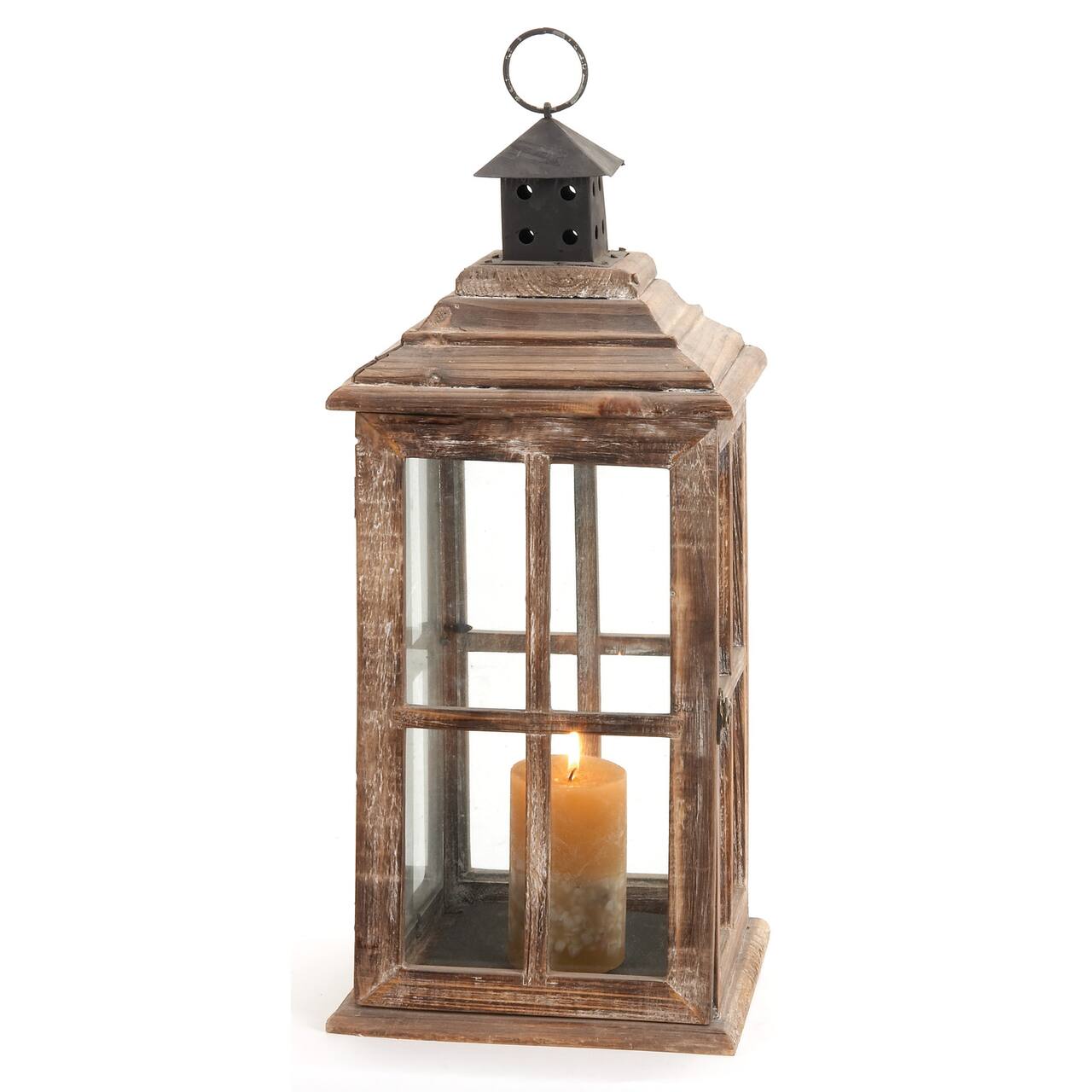 23" Brown Chinese Fir Traditional Candle Holder Lantern